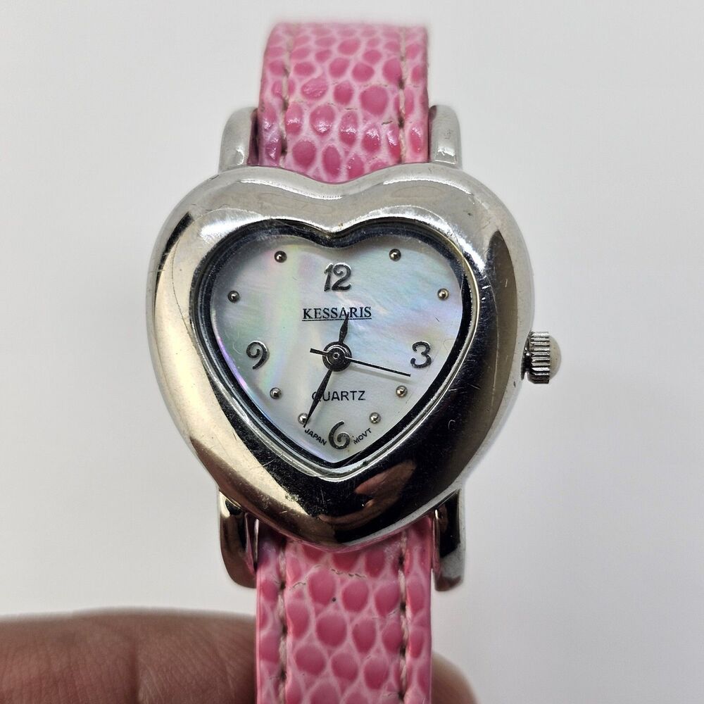 Heart Shaped Kessaris 25MM Gray Case Gray MOP Dial Pink Leather Band New Battery